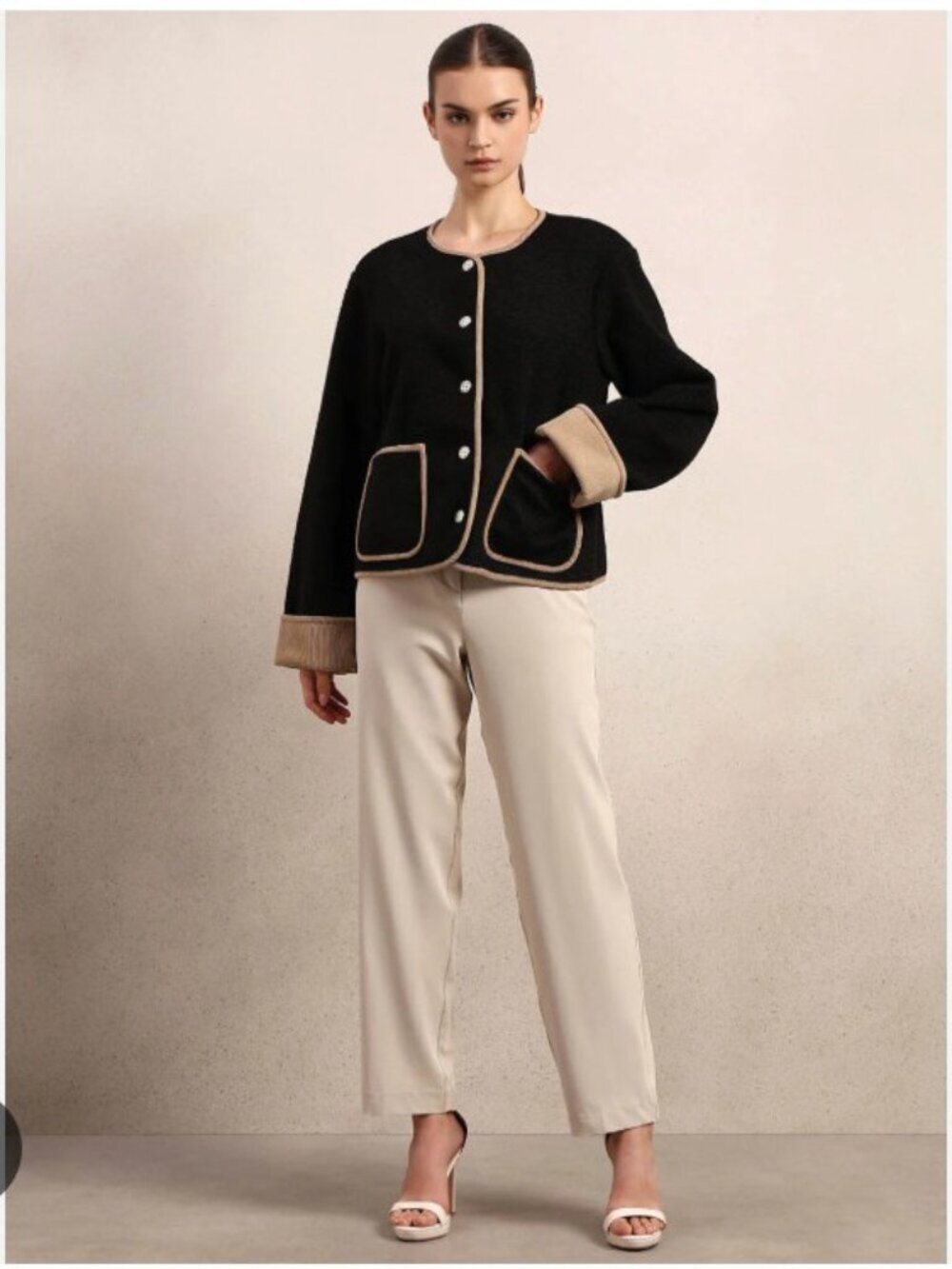 Vero Moda Jacket Womens Medium Black Fleece Collarless Gold Button Trim